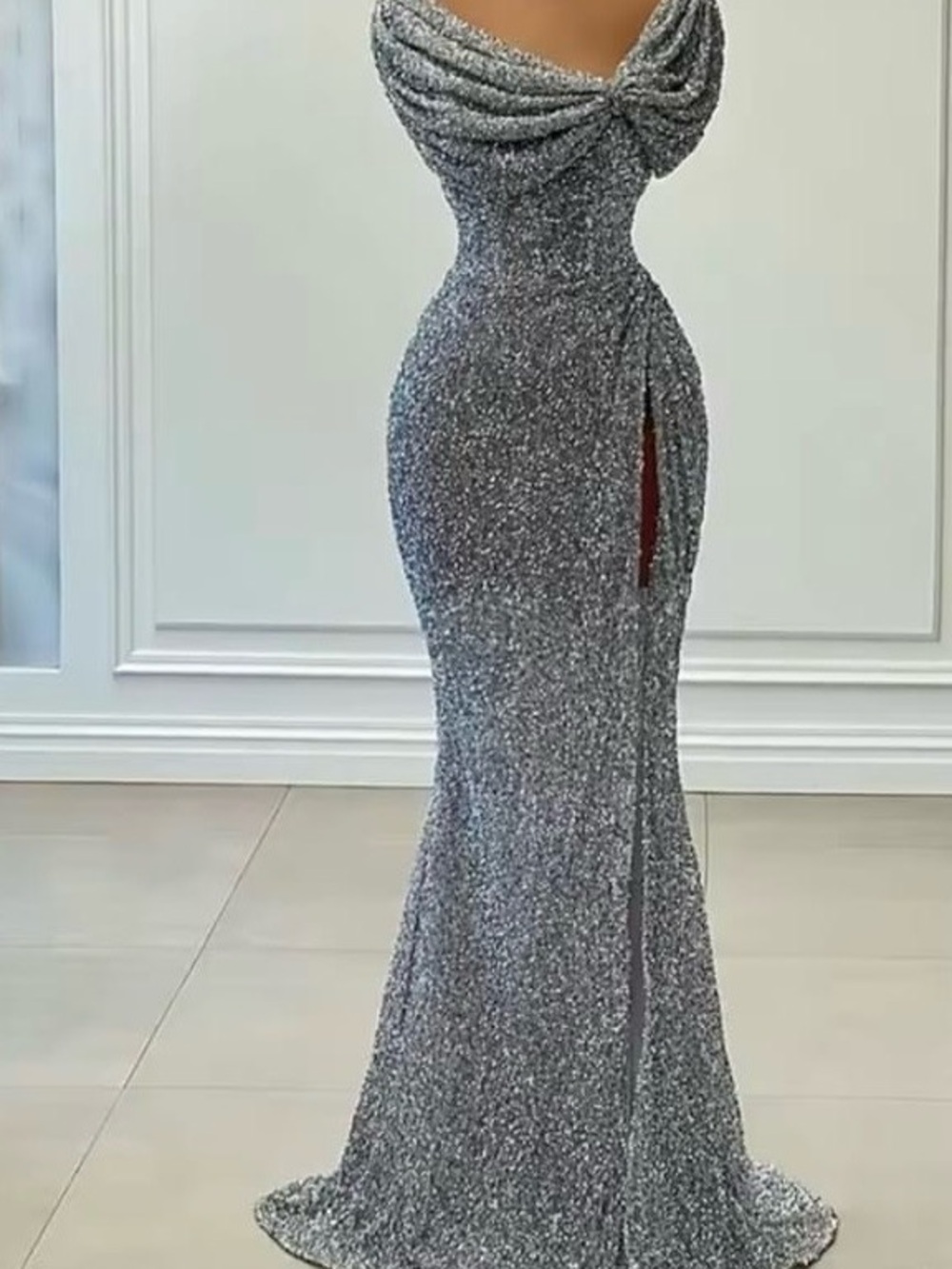Silver Strapless Sequin Evening Gown with Side Slit